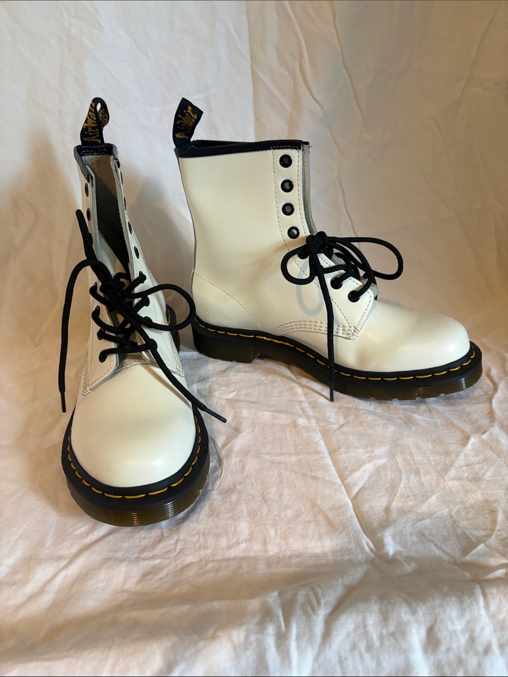 Dr. Martens White Lace-Up Combat Boots with Black Laces and Yellow Stitching New